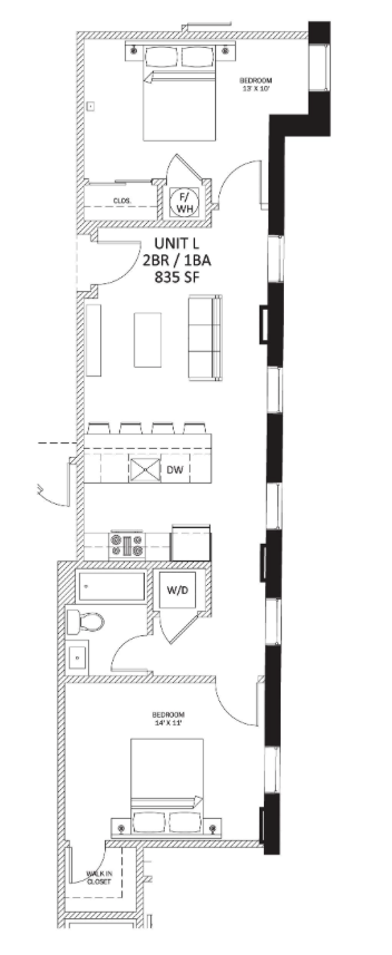 Floor plan for 2 beds, 1 bath, 835 sqft